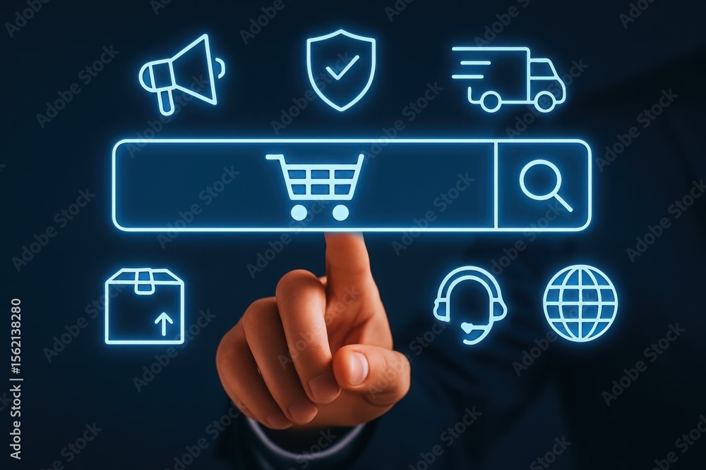 A businessman clicks on a shopping cart icon on a glowing blue digital screen A businessman clicks on a shopping cart icon on a glowing blue digital screen