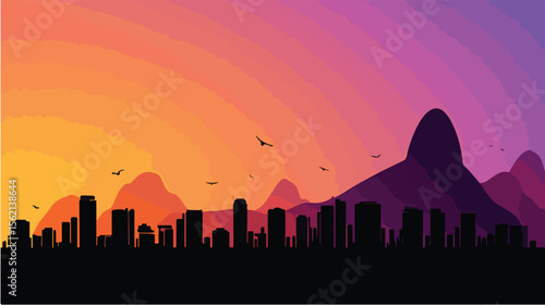 Abstract illustration of a sunset over a city skyline with birds and mountains