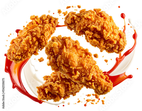  Floating Crispy Chicken Tenders with Splashes of Ketchup and Mayo, Isolated PNG