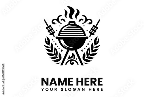 A monochrome logo featuring a barbecue grill with skewers and decorative elements.