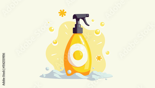 Bubbly dish soap bottle with flower halo, fresh cleanliness