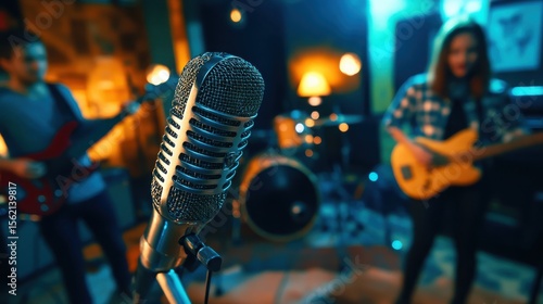 People, band and music practice with singer, microphone and electric guitar for concert rehearsal at home. Musician group, vocal training and recording song, track and audio with team work in garage