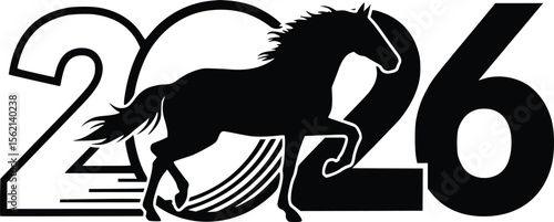 2026 year silhouette illustration with a galloping horse, symbolizing progress, energy, and forward momentum.