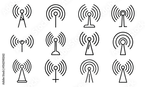 Collection of various vectorized antenna tower icons broadcasting signal waves for wireless communications