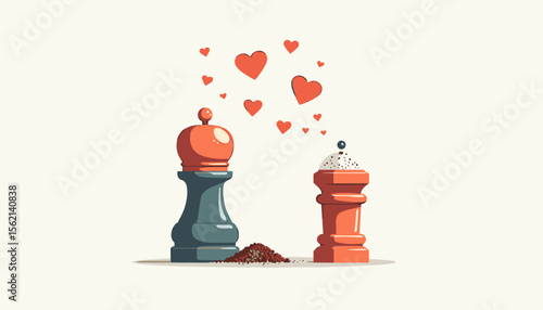 Pepper mill whispering to salt shaker with heart-shaped grains, love