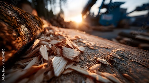 Cut timber scatters sunlight during wood processing at sawmill.