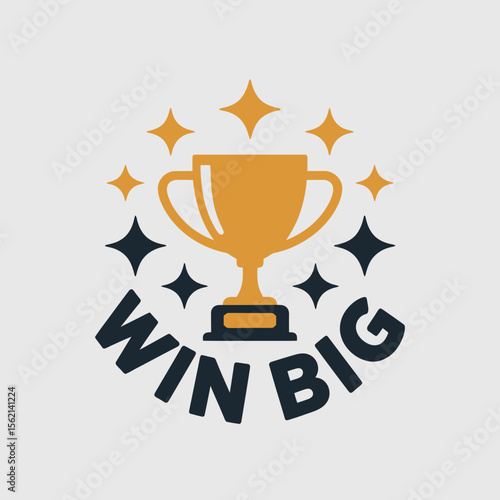 Motivational Graphic Design with Trophy and Win Big Text gold trophy sparkling stars surrounded the words WIN BIG circular layout Simple design for motivation success