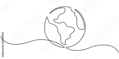 Planet Earth Continuous Line Icon, One continuous line drawing of Earth globe, Continuous one line art drawing of earth planet, Globe, geography vector outline, Single line illustration of world map.
