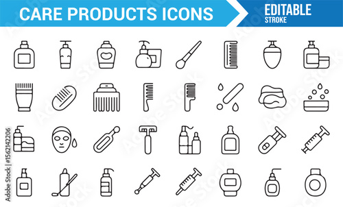 Collection of beauty and wellness icons, including bottles, jars, and grooming tools.