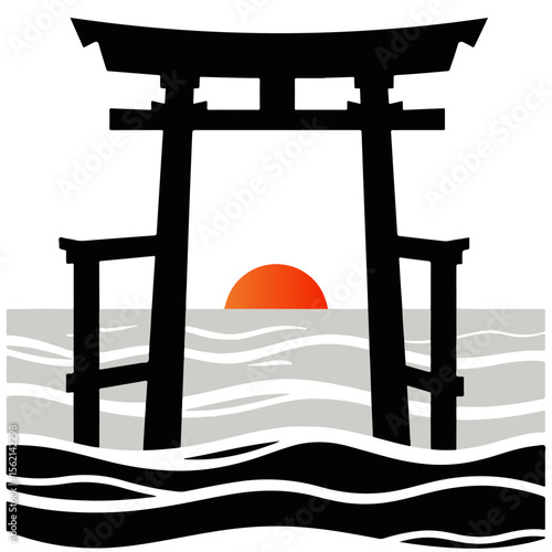 Japanese Torii Gate with setting sun over the ocean, illustration design