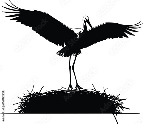 Silhouette of stork standing on nest with wings spread and grooming behavior


