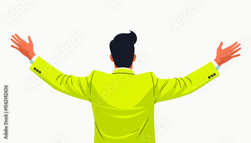 Extroverted motivator waving arms in hot lime suit, energetic inspiration