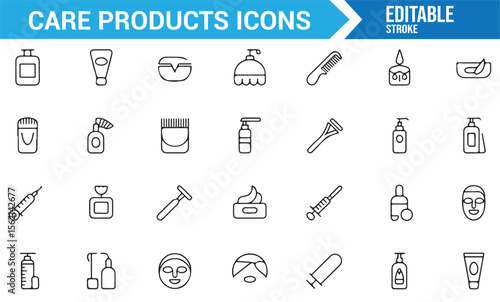 Simple line art care product icons representing facial and body treatments.