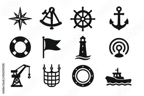 12 black maritime icons. Solid vector for navigation, shipping, and nautical themes.