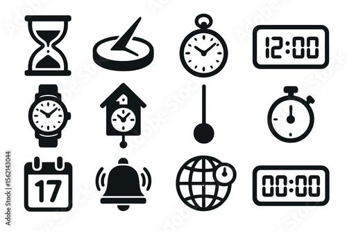 12 black timekeeping icons. Solid vector for clocks, calendars, and scheduling.