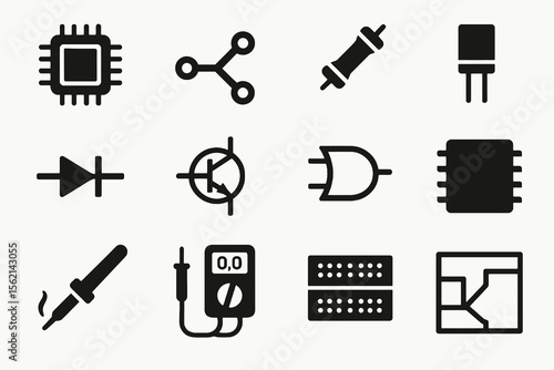 Black set of 12 tech icons. Minimal vector for electrical design and development.