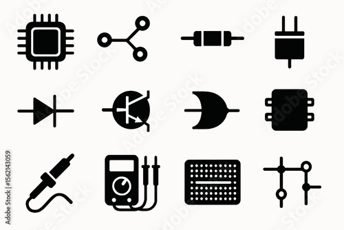 12 black electronics icons. Solid vector for circuits, components, and engineering.