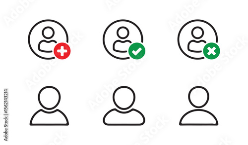 User icon set. Remove user. Person profile avatar with plus, add account symbol. Vector illustration eps 10