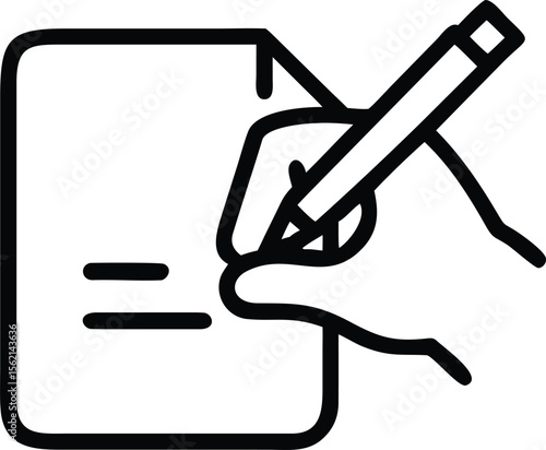 Writing document icon with hand and pencil in simple outline style