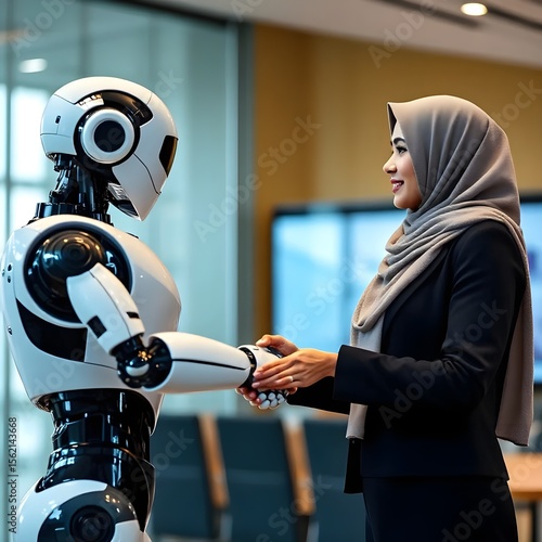Muslim Woman CEO Shaking Hands with a Robot in a Business Meeting

Description: A confident woman in hijab formally shaking hands with a humanoid robot — a striking
