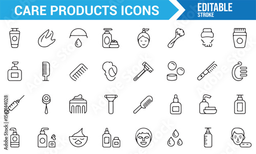 Various care products icons for skincare and beauty routines in a simple line art style.