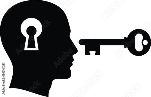 Silhouette of human head with key entering a keyhole, symbolizing insight and discovery

