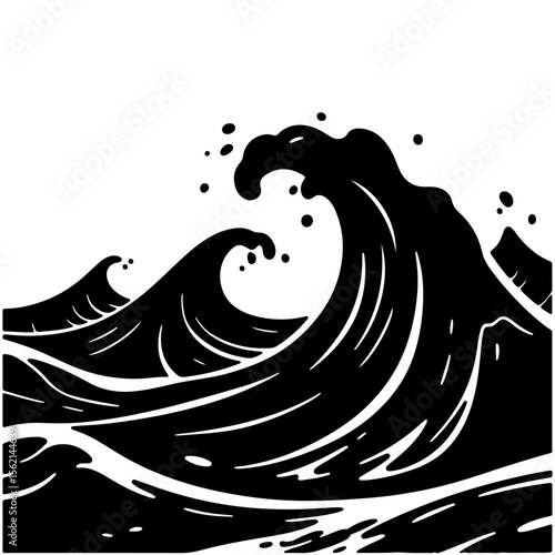 Black and white ocean wave illustration design element on white background