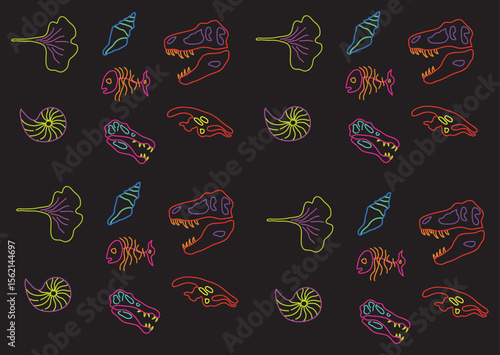 seamless pattern preshistoric skeleton fossils neon concept doodle vector illustration