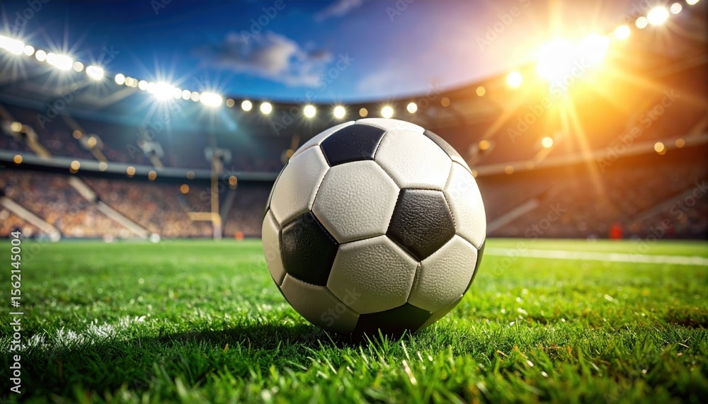 Fototapeta premium Close up of a black and white soccer ball on green grass in a stadium under bright stadium lights with many spectators