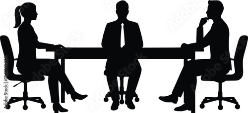 Silhouette illustration of business man and woman facing each other at a table in formal conversation