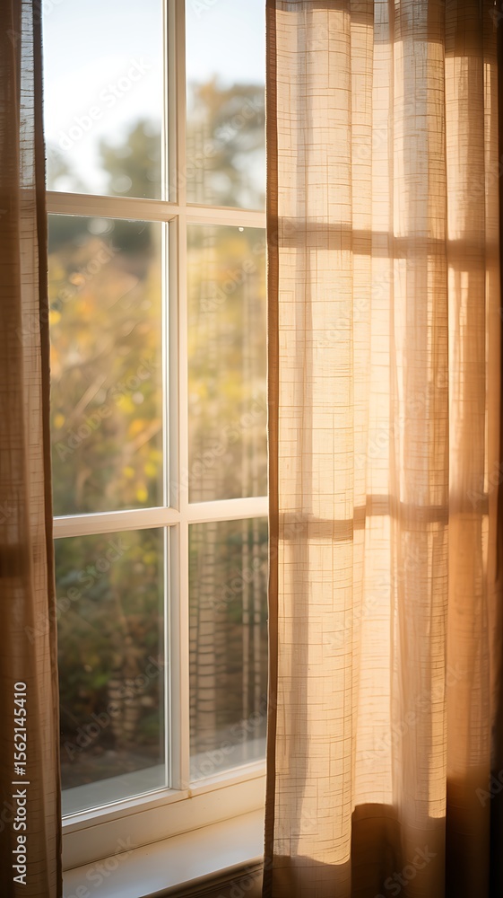 Fototapeta premium Warm light filters through sheer curtains and window panes interior image