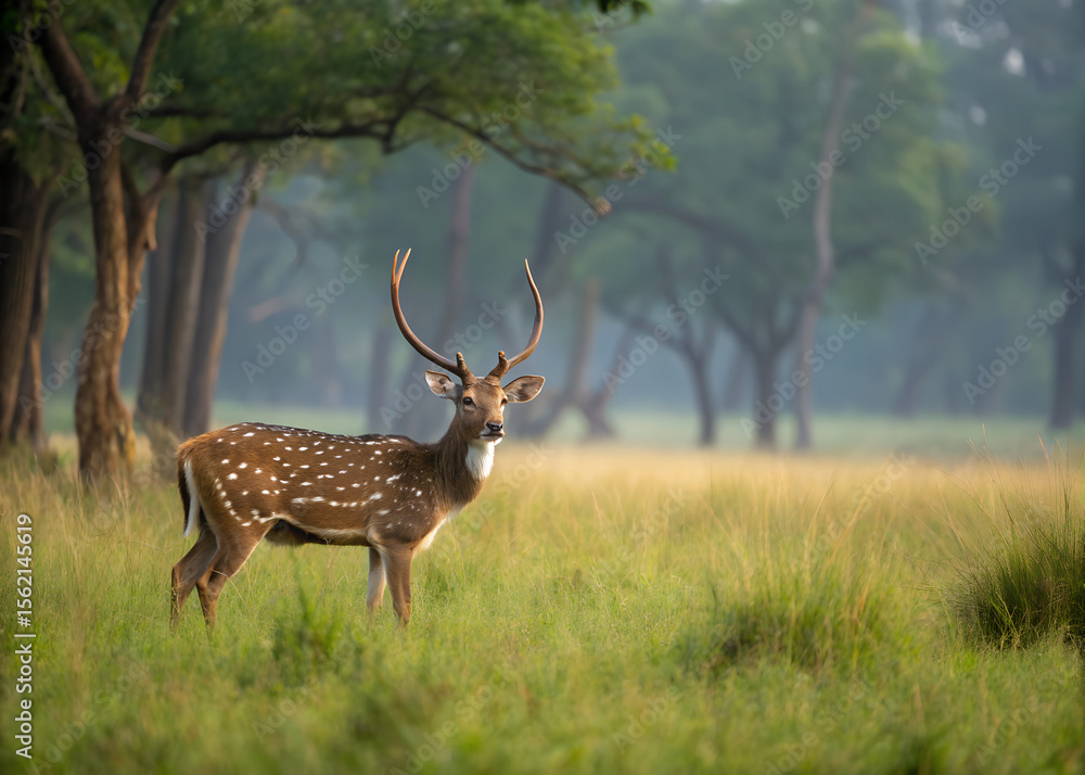 Naklejka premium A spotted deer with antlers stands in a grassy forest clearing