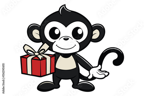 Cartoon monkey gladly gives a red gift box tied with white ribbon to someone today