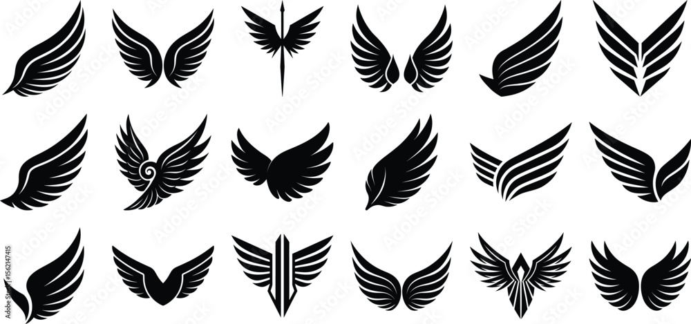 Wing silhouette vector icons feather design fantasy flight decorative emblem graphic art Wing silhouette vector icons feather design fantasy flight decorative emblem graphic art