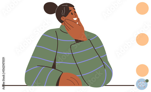 Smiling woman with hand on chin thinking deeply in casual green sweater. Ideal for creativity, brainstorming, decision-making, self-reflection, inspiration, problem-solving, mindfulness. Simple flat