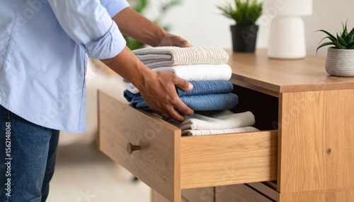 Person Organizing Towels In Wooden Drawer