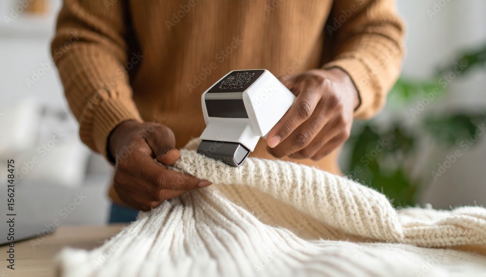 Fototapeta premium Man Using Device To Repair Knitted Sweater