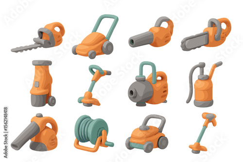Colorful cartoon garden tools collection: chainsaw, lawn mower, blower, sprayer