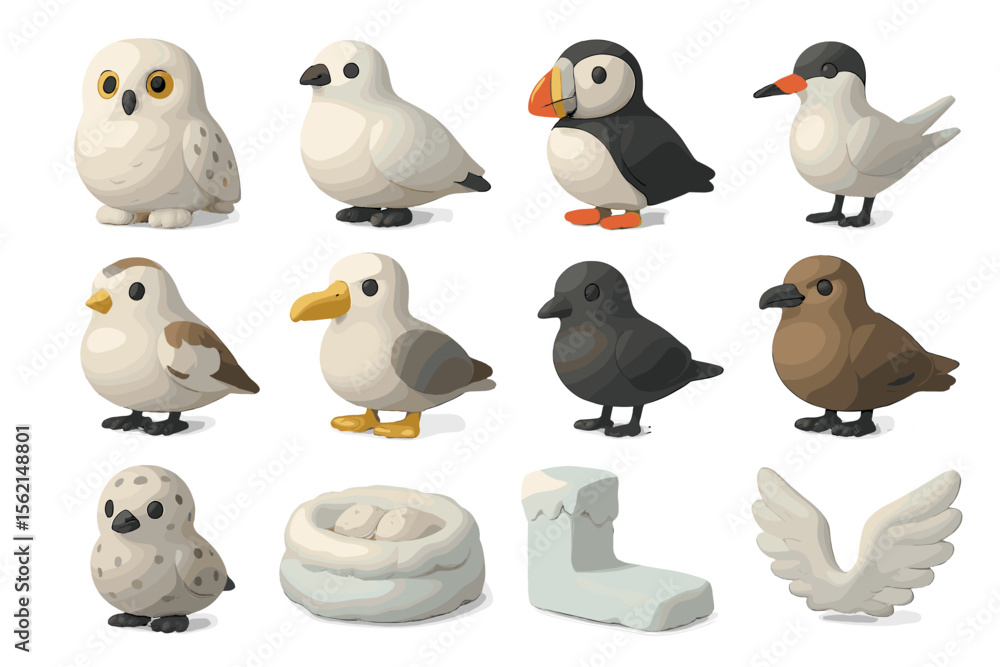 Fototapeta premium Collection of cute clay bird models and accessories