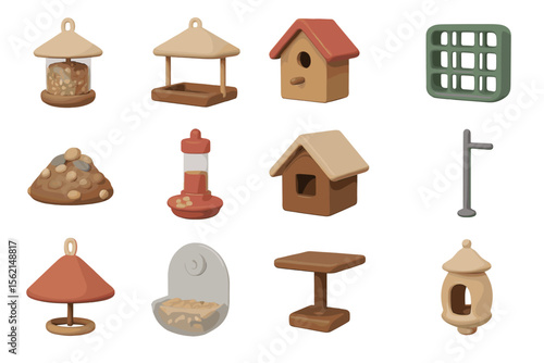 Colorful birdhouses and feeders on creamy blurred background