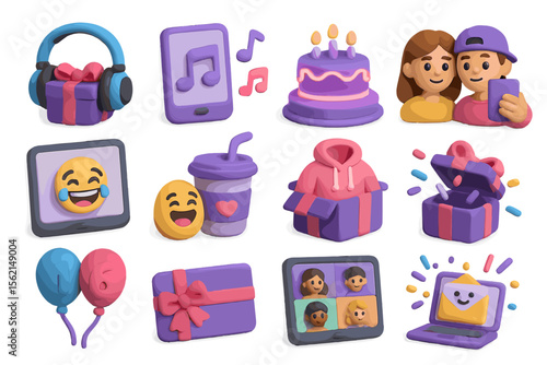 Colorful 3d birthday icons with cake, gifts, and celebration elements
