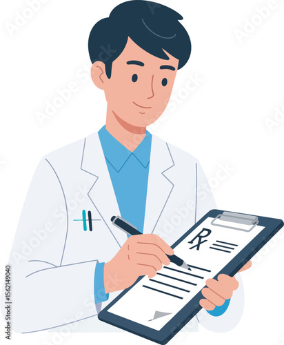 A male doctor, wearing a lab coat, writing a prescription on a clipboard.