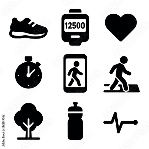 Health Walk Icons. Solid, filled icons set of walking for health: sneakers, step counter, heart icon,