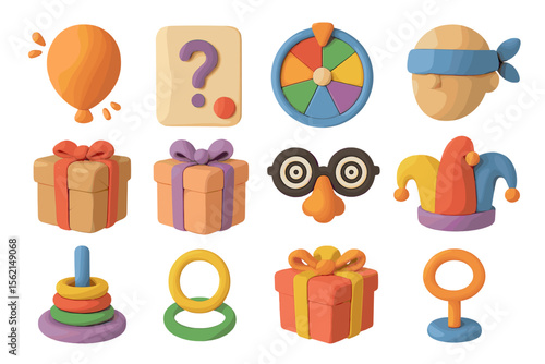 Colorful clay icons featuring balloons, gifts, and games