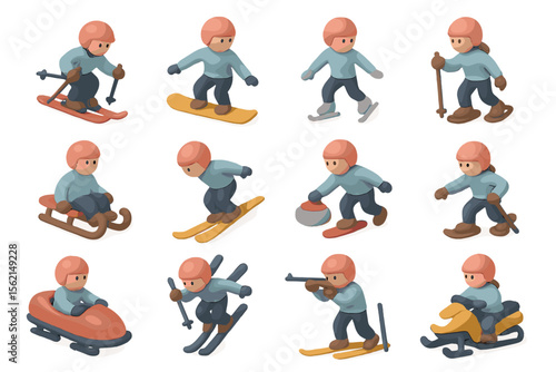 Cartoon characters engaged in various winter sports and activities