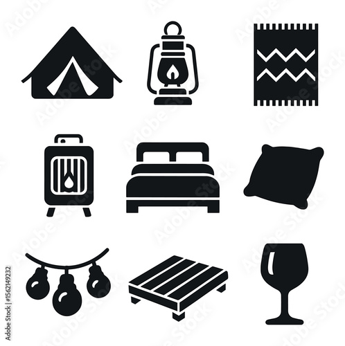 Glamping Essentials Icons. Solid, filled icons set of glamping setup: luxury tent, lantern, rug, portable