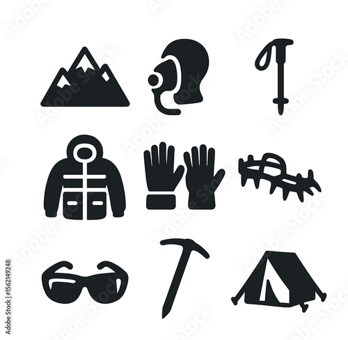 High-Altitude Hiking Icons. Solid, filled icons set of high-altitude hiking: snow-capped mountain, oxygen mask