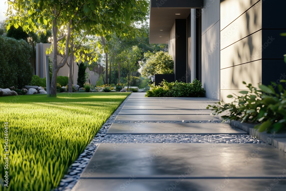 Obraz premium Landscaped pathway to a modern home with lush green lawn, plants, and minimalist exterior design. Serene and inviting outdoor space.