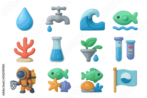 Colorful 3d ocean and laboratory icons with marine life elements