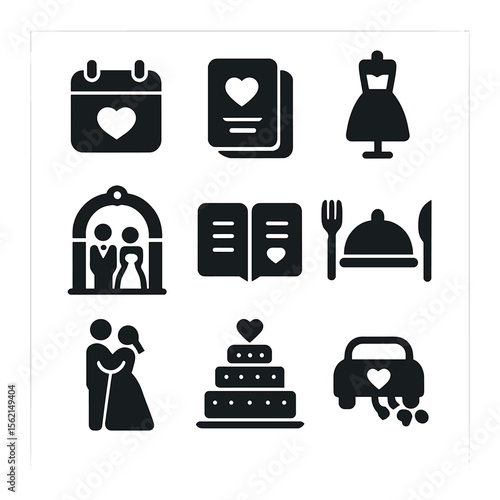 Wedding Timeline Icons. Solid, filled icons set of wedding timeline: save the date, invitations, fitting icon,